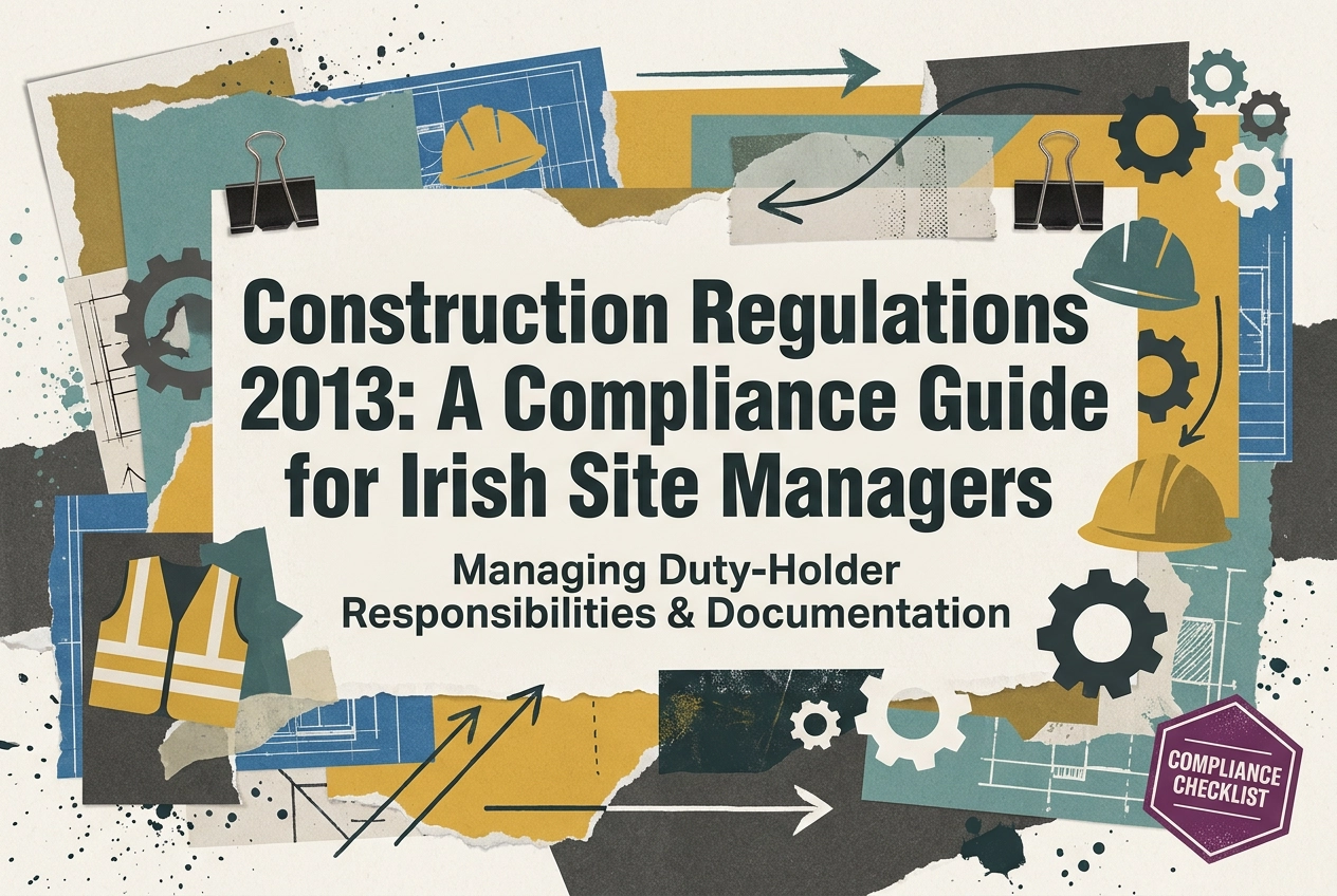 Professional header image for educational tutorial: Construction Regulations 2013: A Compliance Guide for Iri...